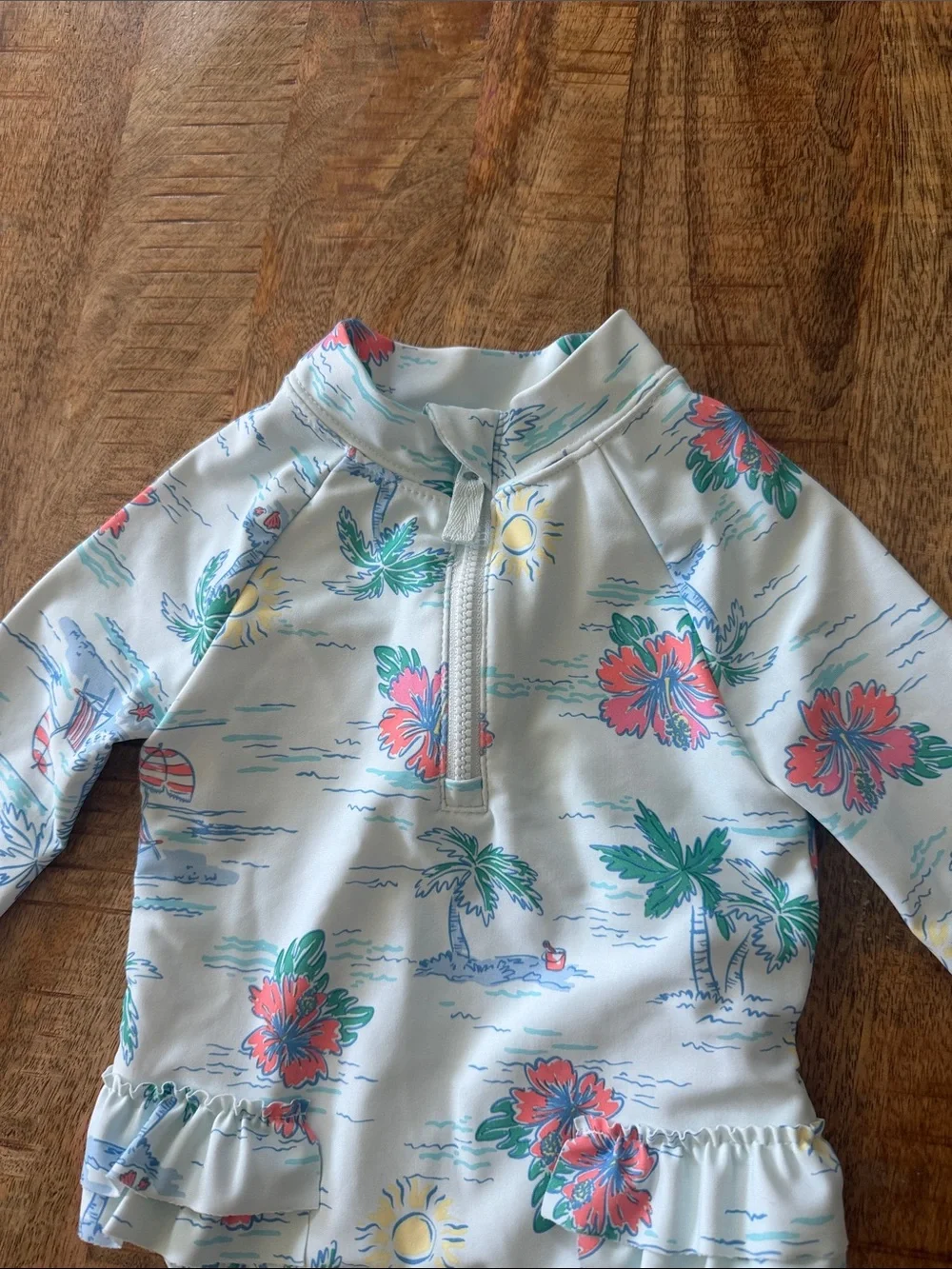 Tropical/Floral Long-Sleeve One-Piece Swimsuit with Old Navy Jeans Shorts